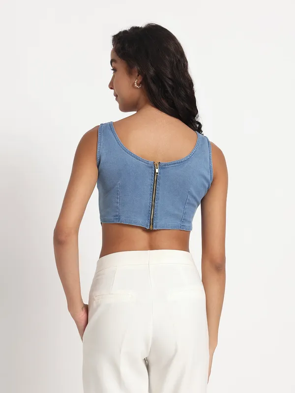 Blue_Sunflower_Print_Crop_Jeans_Top_For_Women