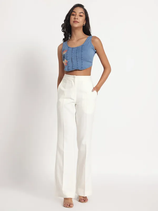 Blue_Sunflower_Print_Crop_Jeans_Top_For_Women