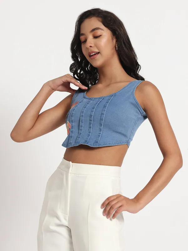 Blue_Sunflower_Print_Crop_Jeans_Top_For_Women