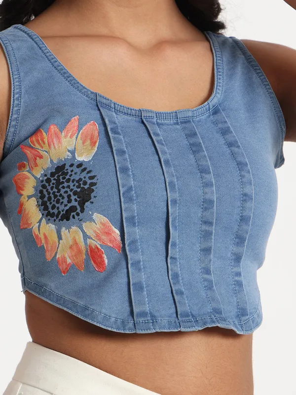 Blue_Sunflower_Print_Crop_Jeans_Top_For_Women