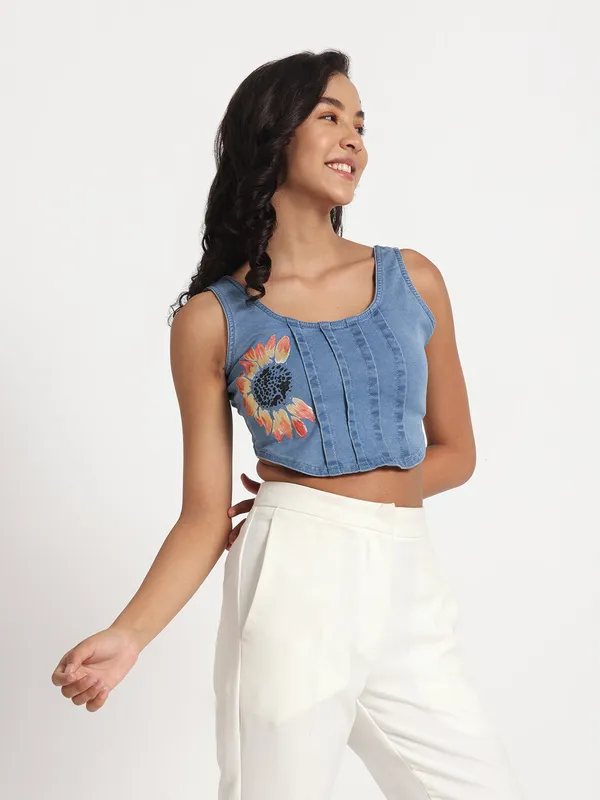 Blue_Sunflower_Print_Crop_Jeans_Top_For_Women
