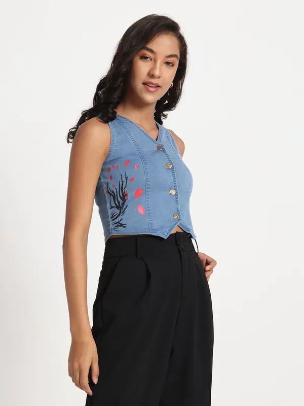 Blue_Whimsical_Tree_Hand-Painted_Denim_Jeans_Top_For_Women