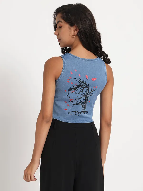 Blue_Whimsical_Tree_Hand-Painted_Denim_Jeans_Top_For_Women