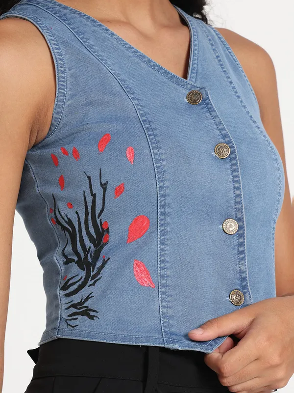 Blue_Whimsical_Tree_Hand-Painted_Denim_Jeans_Top_For_Women