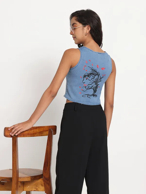 Blue_Whimsical_Tree_Hand-Painted_Denim_Jeans_Top_For_Women