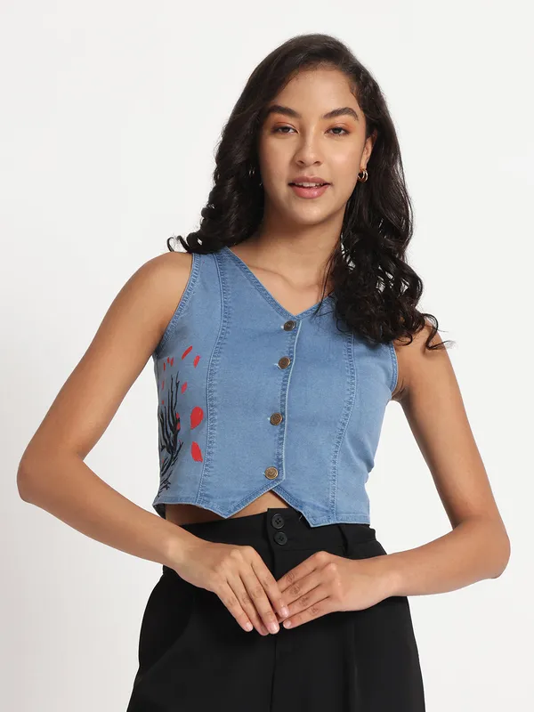 Blue_Whimsical_Tree_Hand-Painted_Denim_Jeans_Top_For_Women