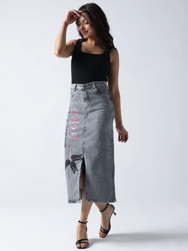 Charcoal_Grey_Poetic_Rose_Denim_Skirt_For_Women