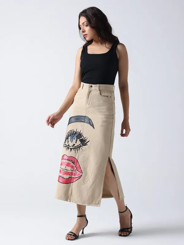 Biege_Pop_Art_Glam_Denim_Skirt_For_Women