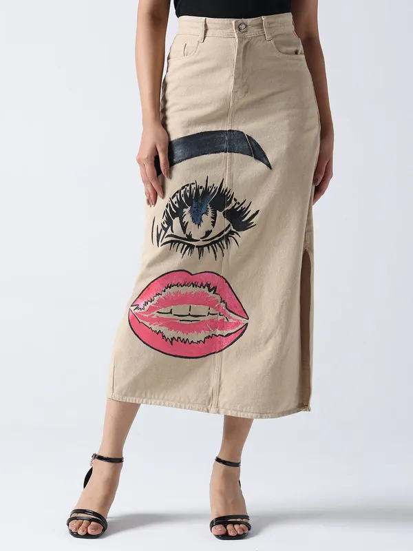 Biege_Pop_Art_Glam_Denim_Skirt_For_Women