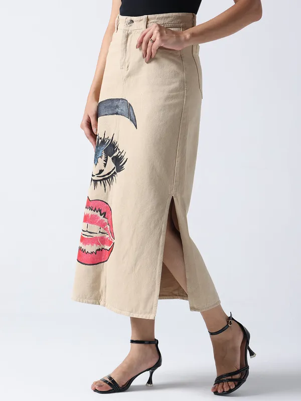 Biege_Pop_Art_Glam_Denim_Skirt_For_Women