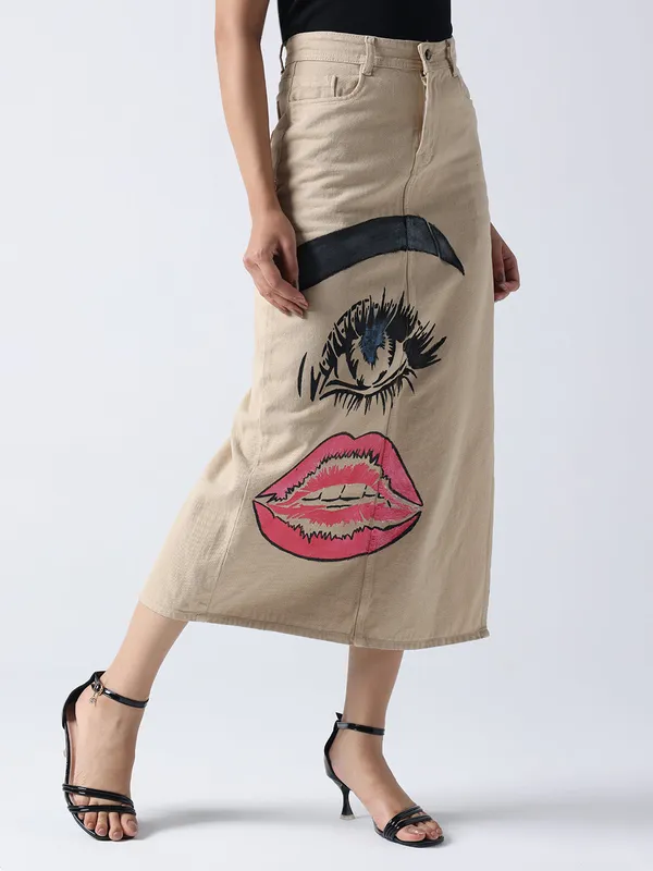 Biege_Pop_Art_Glam_Denim_Skirt_For_Women