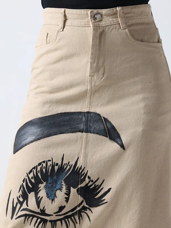 Biege_Pop_Art_Glam_Denim_Skirt_For_Women