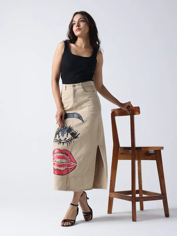 Biege_Pop_Art_Glam_Denim_Skirt_For_Women