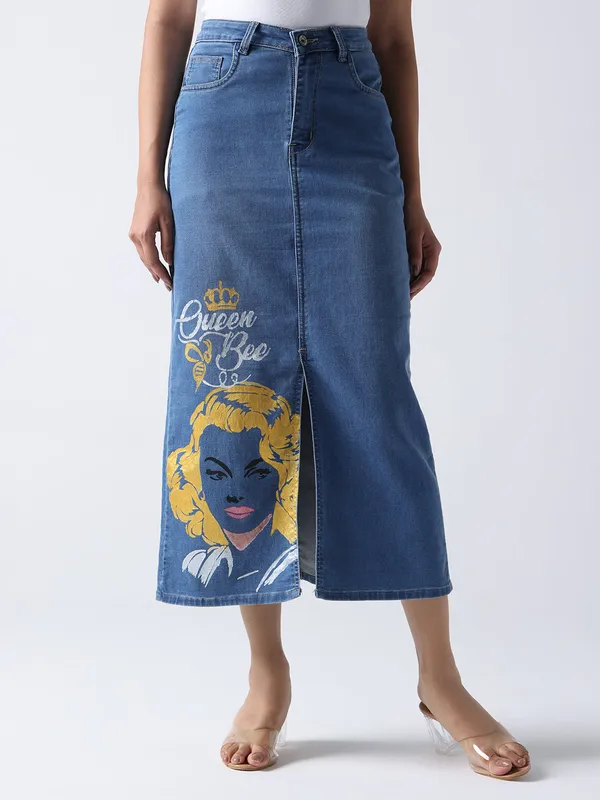 Sky_Blue_Queen_Bee_Pop_Art_Denim_Midi_Skirt_For_Women