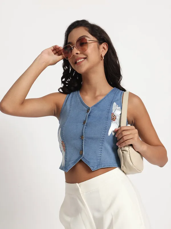 Blue_Floral_Embroidered_Top_in_Jeans_Crop_Vest_For_Women
