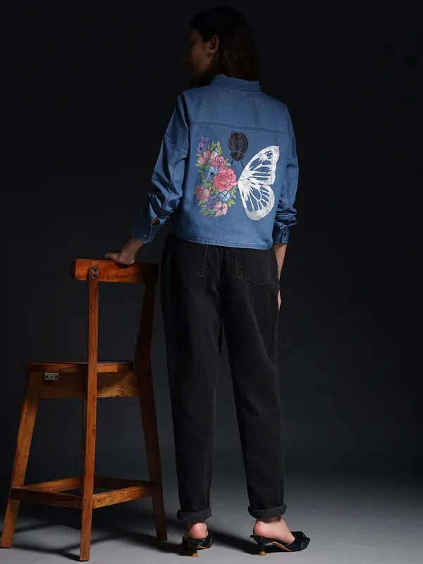 Blue_Butterfly_Garden_Denim_Top_Jeans_Shirt_For_Women