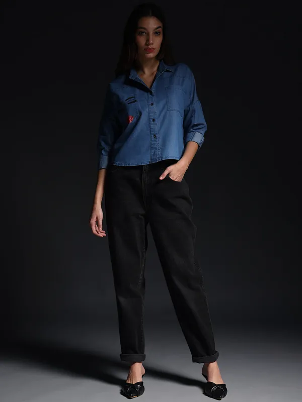 Blue_The_Ethereal_Face_Denim_Top_Jeans_Shirt_For_Women