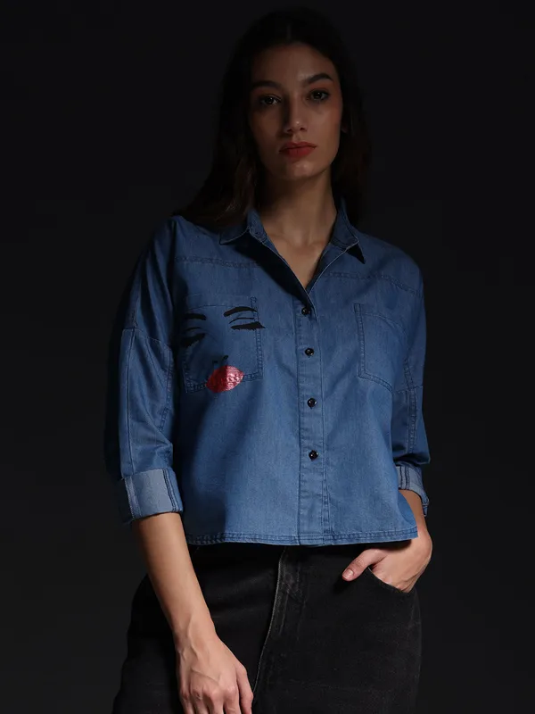 Blue_The_Ethereal_Face_Denim_Top_Jeans_Shirt_For_Women