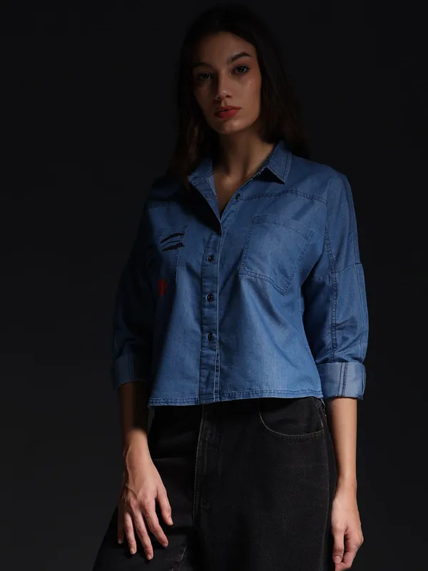 Blue_The_Ethereal_Face_Denim_Top_Jeans_Shirt_For_Women