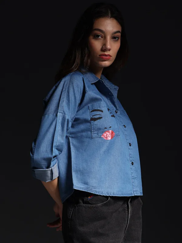 Blue_The_Ethereal_Face_Denim_Top_Jeans_Shirt_For_Women