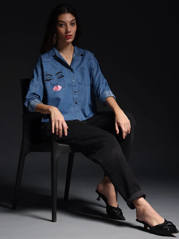 Blue_The_Ethereal_Face_Denim_Top_Jeans_Shirt_For_Women