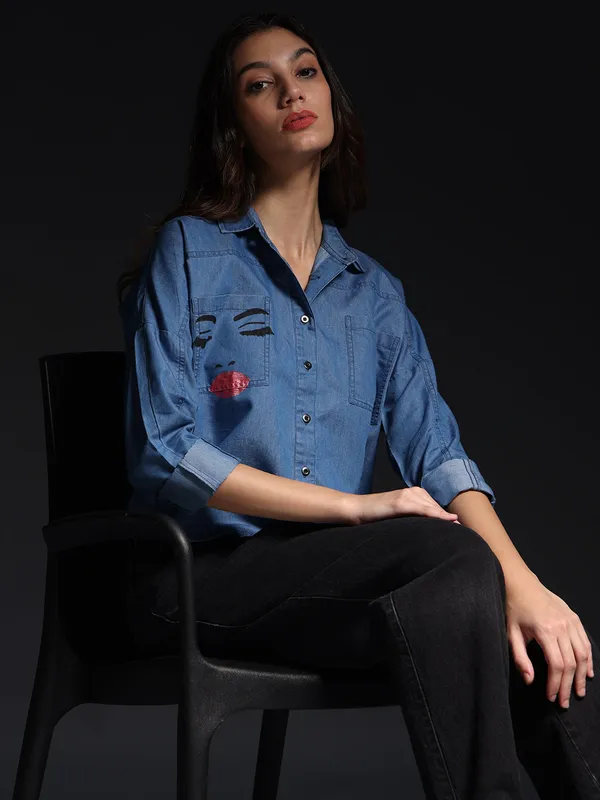 Blue_The_Ethereal_Face_Denim_Top_Jeans_Shirt_For_Women