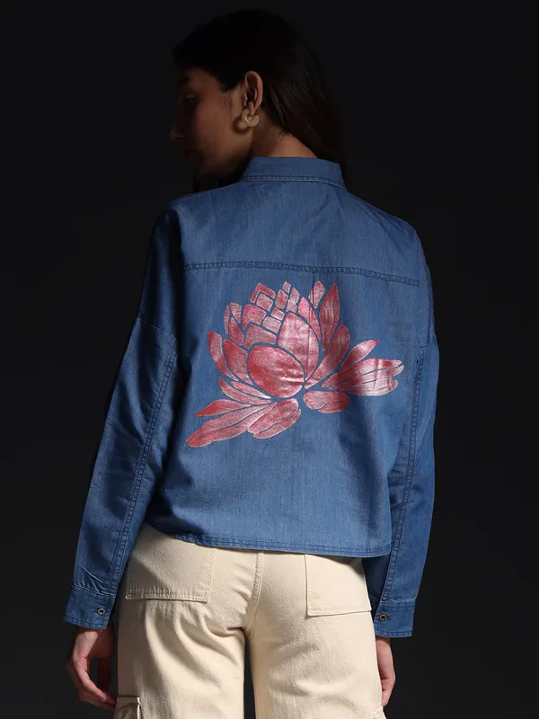 Blue_Lotus_Dreams_Cropped_Denim_Top_Jeans_Shirt_For_Women