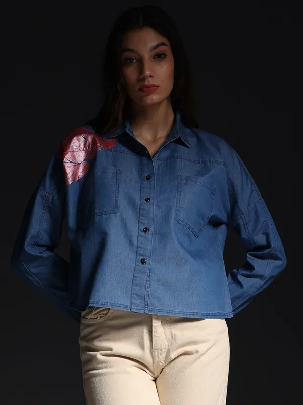 Blue_Lotus_Dreams_Cropped_Denim_Top_Jeans_Shirt_For_Women