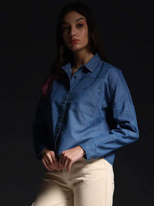 Blue_Lotus_Dreams_Cropped_Denim_Top_Jeans_Shirt_For_Women