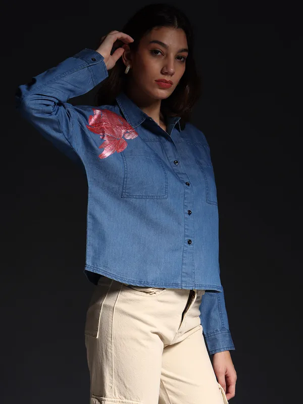 Blue_Lotus_Dreams_Cropped_Denim_Top_Jeans_Shirt_For_Women