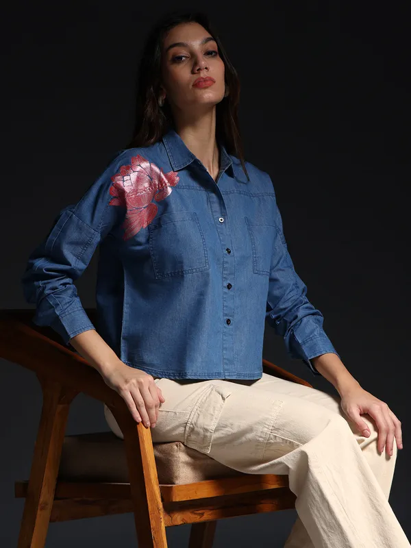 Blue_Lotus_Dreams_Cropped_Denim_Top_Jeans_Shirt_For_Women