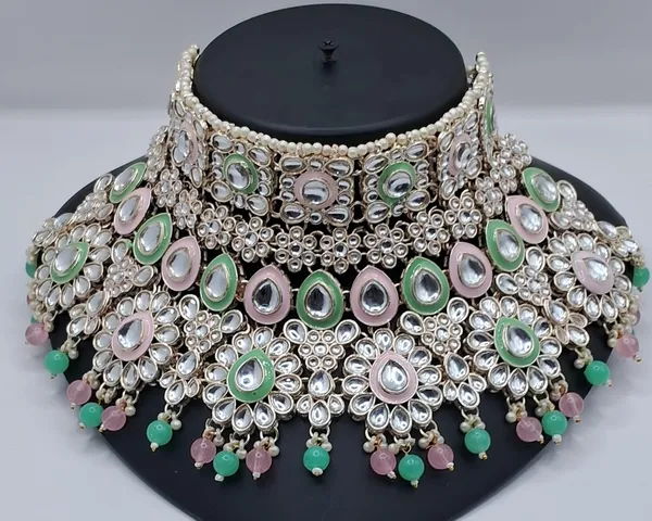 Silver_Tone_Green_Pink_Choker_Jewellery_Set_For_Women