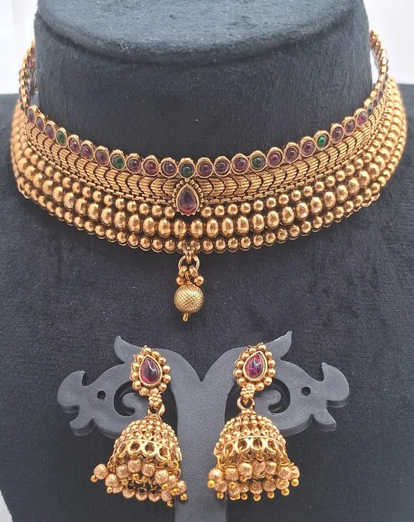 Gold-Tone_Beaded_Choker_Necklace_Set_For_Women