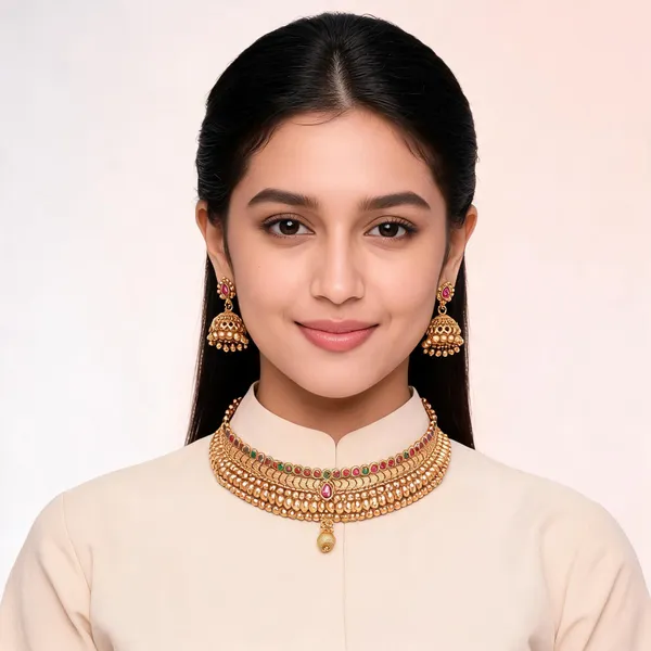 Gold-Tone_Beaded_Choker_Necklace_Set_For_Women