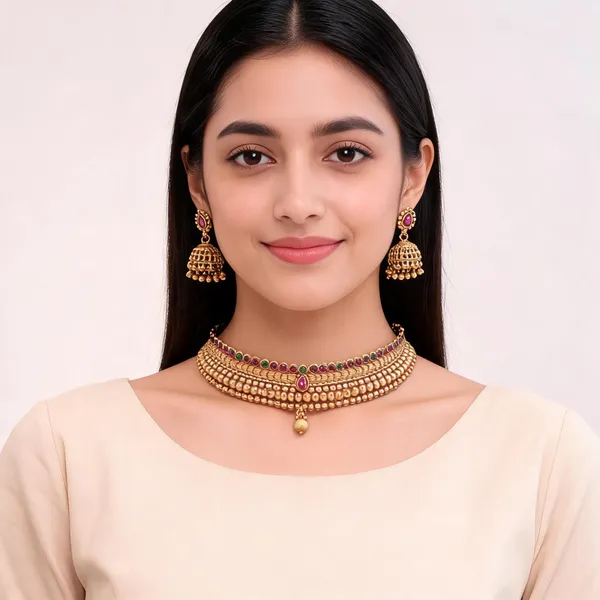 Gold-Tone_Beaded_Choker_Necklace_Set_For_Women
