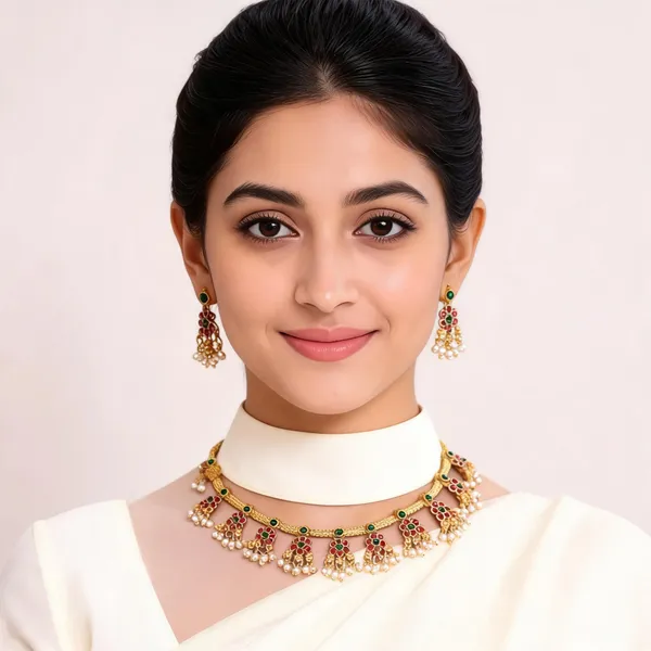 Gold_Tone_Stone_Necklace_Set_With_Earrings