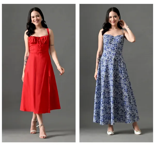 Red_Cotton_Mellow_Mood_Dress_&_Blue_Floral_Kiss_Maxi_Dress_For_Women_(Pack_Of_2)