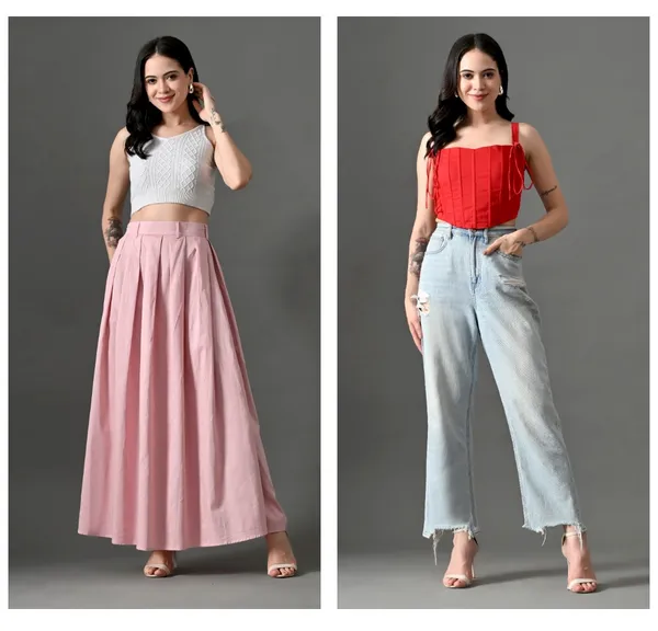 Pink_Cotton_Flare_Affair_Skirt_&_Red_Corsia_Corset_Top_For_Women_(Pack_Of_2)
