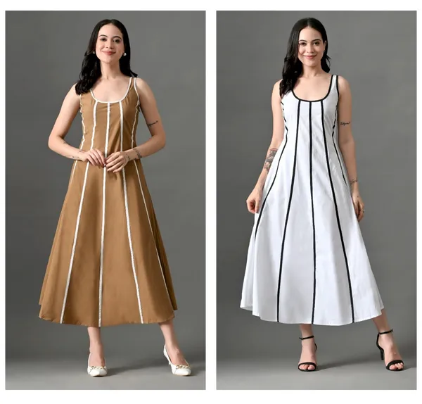 White_&_Brown_Cotton_Rebel_Curve_Dress_For_Women_(Pack_Of_2)