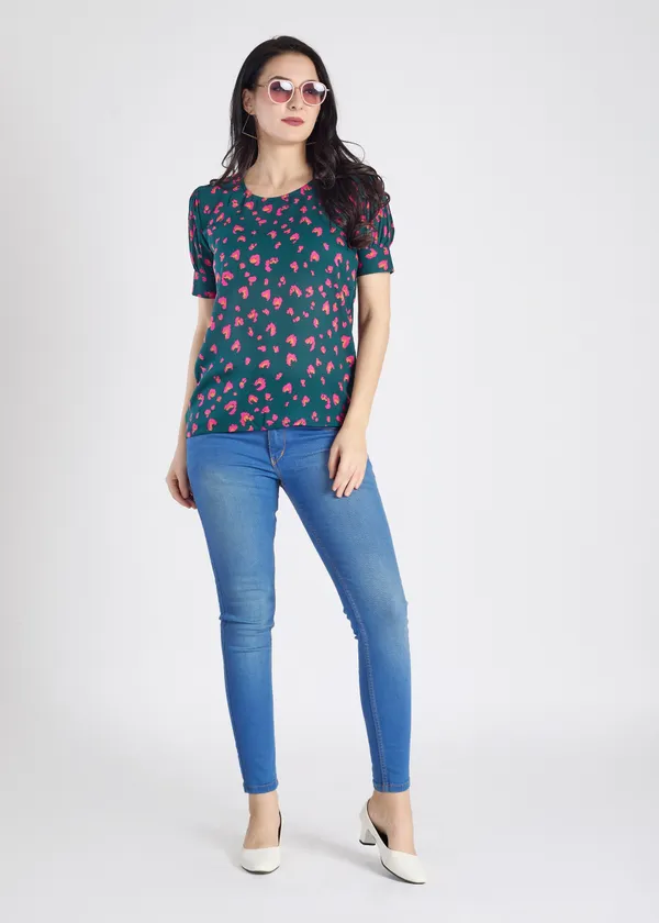 Green_Premium_Round_Neck_Half_Sleeve_Printed_Top_For_Women
