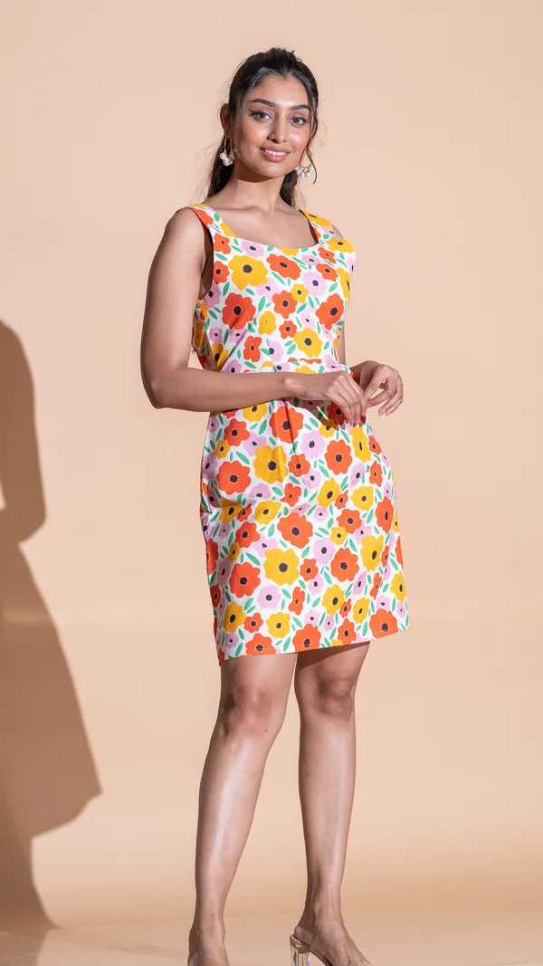Orange_Premium_Floral_Printed_Knee_Length_Dress_For_Women