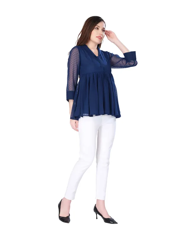 Navy_Blue_3/4th_Sleeve_Peplum_Top_For_Women