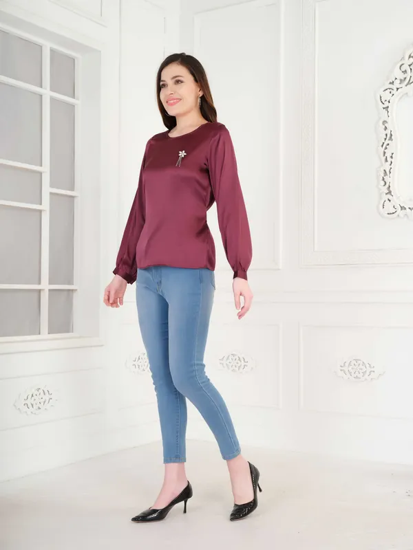 Wine_Solid_Full_Sleeve_Tie_Up_Top_For_Women