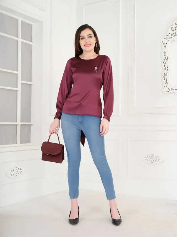 Wine_Solid_Full_Sleeve_Tie_Up_Top_For_Women