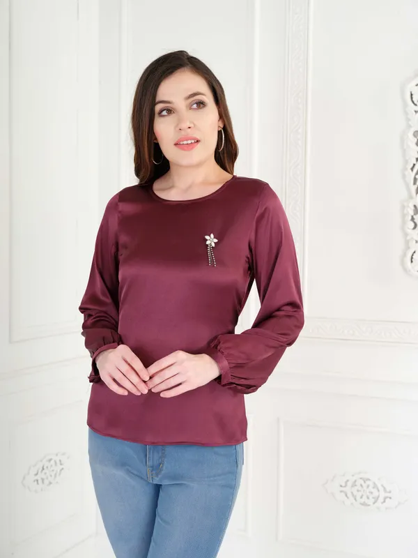 Wine_Solid_Full_Sleeve_Tie_Up_Top_For_Women