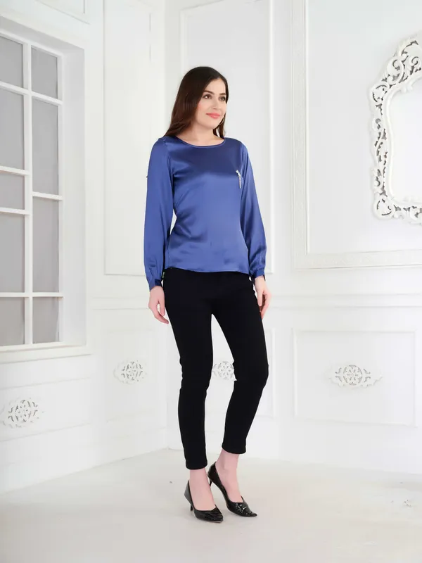 Blue_Solid_Full_Sleeve_Tie_Up_Top_For_Women