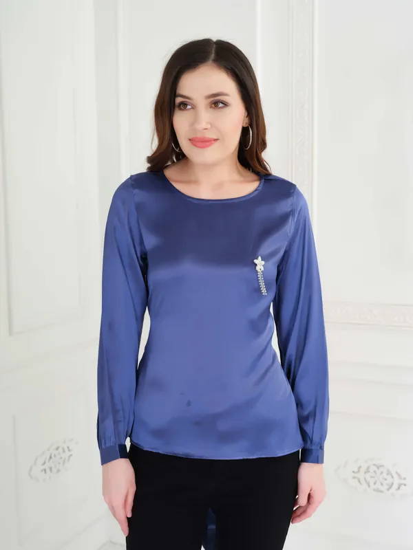 Blue_Solid_Full_Sleeve_Tie_Up_Top_For_Women