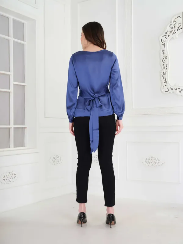 Blue_Solid_Full_Sleeve_Tie_Up_Top_For_Women