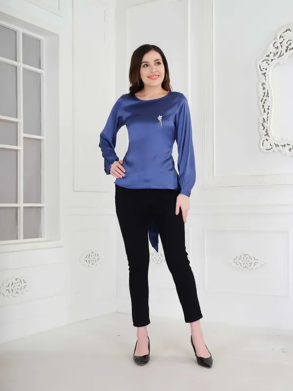 Blue_Solid_Full_Sleeve_Tie_Up_Top_For_Women