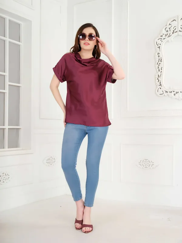 Wine_Solid_Cowl_Neck_Top_For_Women